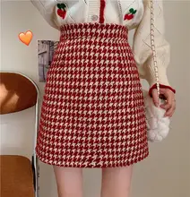 秋冬用 高腰の赤いチェックミニスカート【包臀デザイン・Aライン・大きいサイズ対応】