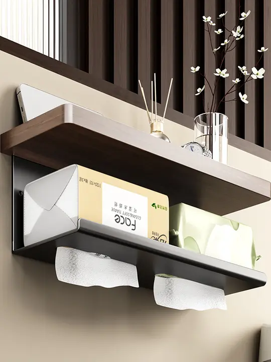 胡桃木製 トイレットペーパーボックス【穴あけ不要・洗面所用・収納ラック付き】