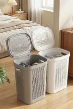 大型プラスチック製ふた付きランドリーバスケット【キャスター付き・便利な収納用】
