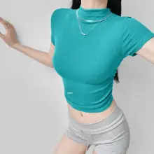 レディース 半高ネックTシャツ【夏用・リブ編み・フィット感・ウエストシェイプ】