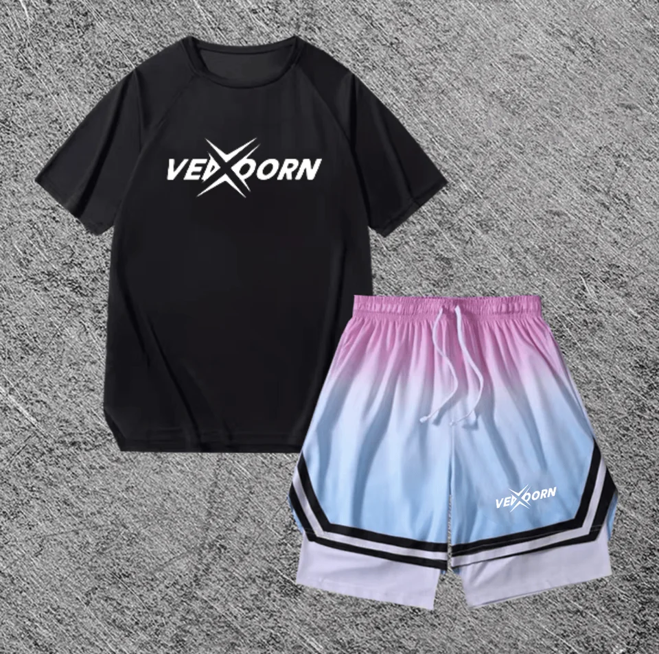 男士用 バスケットボールTシャツ【ショートスリーブ・速乾・トレーニング用・グラデーション短パン】（セットアップ対応）