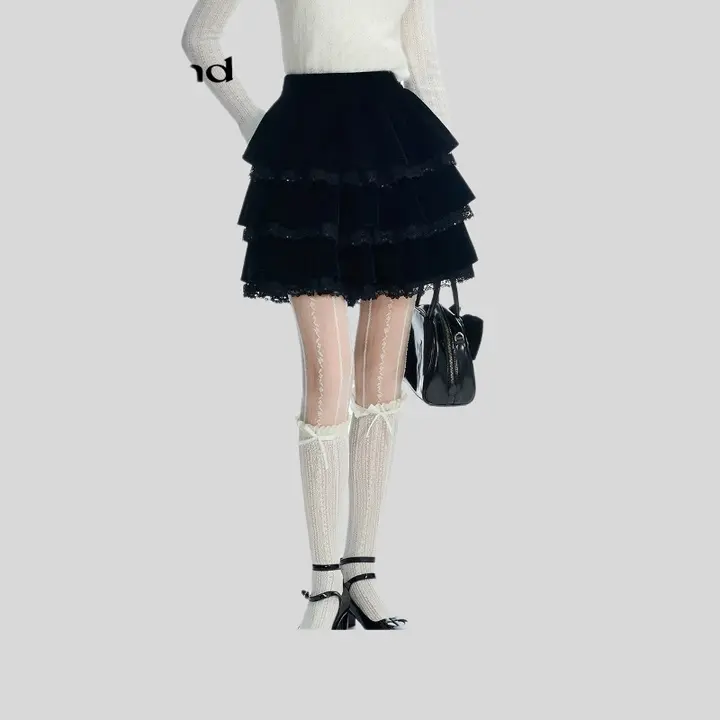 卓雅 フェイクベルベットレーススパンコール ミニケーキスカート【冬用・甘めスタイル】