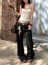 アメリカンヴィンテージ風 低腰刺繍入りデニムパンツ【ワイドレッグ・フィット・女性用】