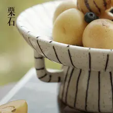 ビンテージ風の白黒ストライプ陶器フルーツプレート【インテリア装飾用】