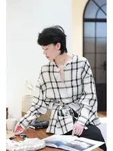 感漂うチェック柄リネンシャツ【ロングスリーブ・ウエストリボン付き】