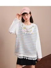 春用 ブルー＆ホワイトストライプの長袖Tシャツ【ゆったりとしたデザイン・フェイクツーピース・女性用】（セットアップ対応）
