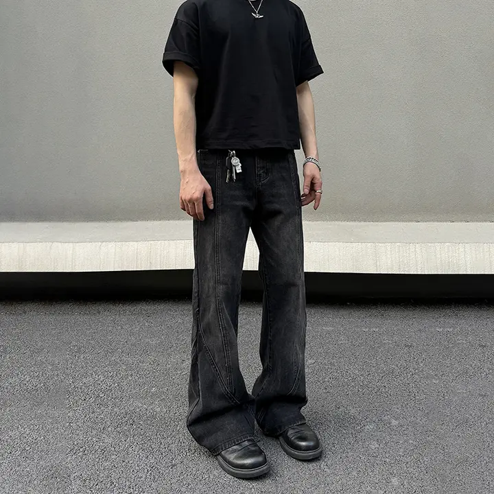 黒のデニムパンツ メンズ アメリカンストリート ストレートカット パネル スリムパンツ