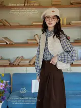 レトロフリル立襟シャツ【チェック柄・肌理感・女性用】