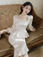 エlegantなハイウエストフレアマーメイドロングドレス【シルクサテン・春用・二重デザイン】（  セットアップ対応）