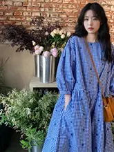 大きいサイズ レディース ワンピース【青いチェック・七分袖・秋用・ゆったりしたシルエット・体型カバー】
