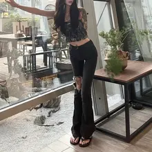 ハイウエストデニムパンツ【伸縮性・スリムフィット・フレアカット】（セットアップ対応）