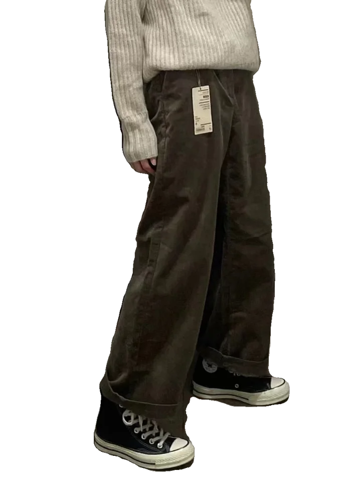 グレーとブラウンのコーデュロイワイドパンツ【高腰・シンプルでレトロなデザイン・秋冬用】