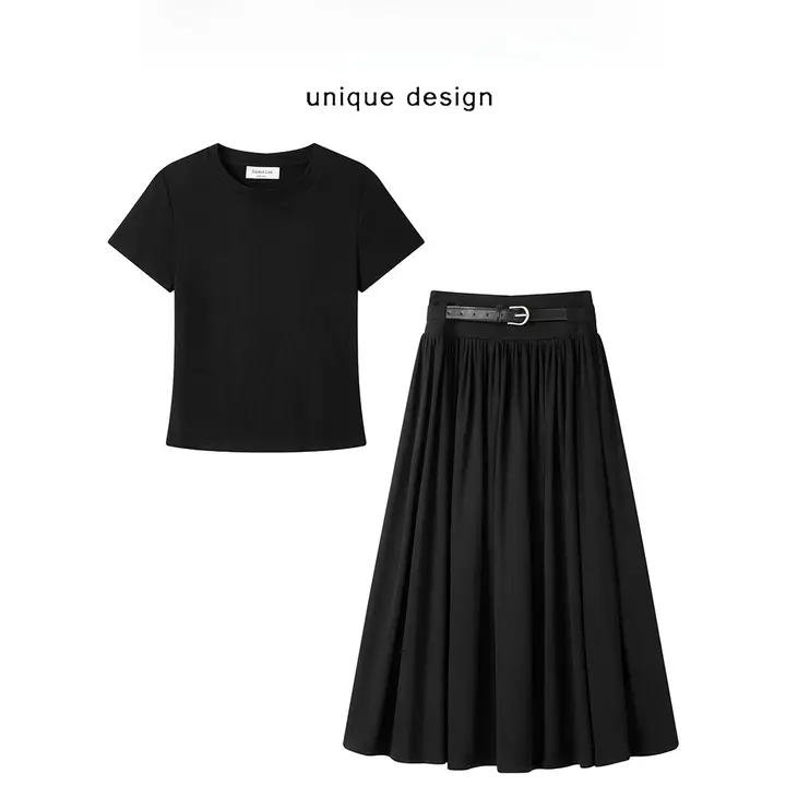 2点セット レディース ニットスカート ハイウエスト ショート丈 フィットTシャツ ヴィンテージ きれいめ 上品 夏 「XinmonLee」