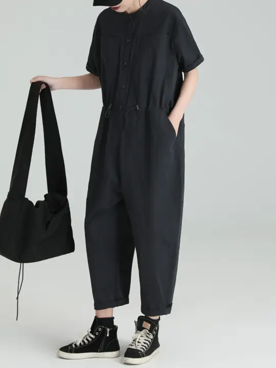 デザイン性のある女性用ショートスリーブオーバーオール【夏用・・ブラック・ワイドレッグ】