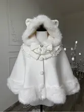 猫デザインの白いロリータコート【加絨・かわいい・秋冬用】（セットアップ対応）