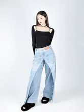 秋冬用 不規則デザインデニムパンツ【高ウエスト・ロング・リバーシブル】
