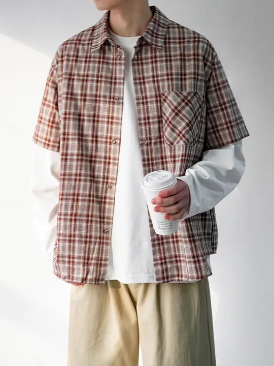 コットンチェック柄半袖シャツ【カジュアル・ワイドフィット・アメリカンスタイル】