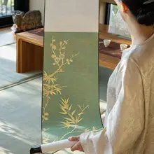 新中式 竹の掛け軸 壁掛けアート【リビング・書斎用・緑色・縦長デザイン】