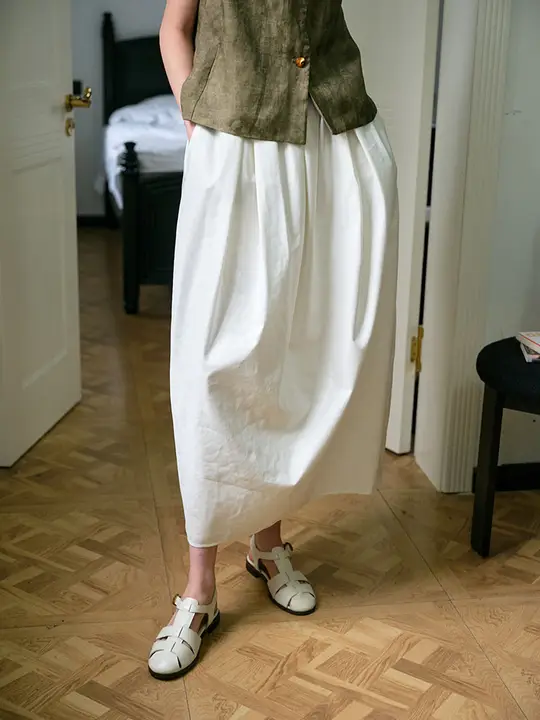 白色花苞スカート【ロング・リネンコットン・北欧風・ドレープ感】