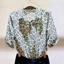 ハートプリントのシルクシャツ【前開き・サマー・フラワー柄】
