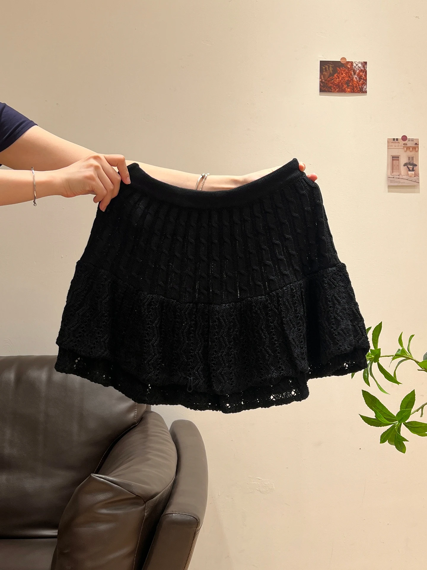 ニットプリーツスカート：高腰Aラインの通勤スタイルを実現する女性用レース編みショートスカート