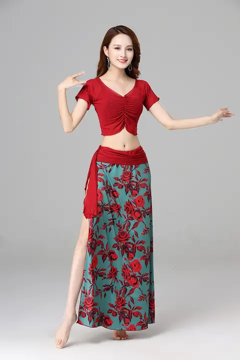 エキゾチックなデザインのベリーダンス衣装【夏用・長袖・スカート付き・演出用】（セットアップ対応）