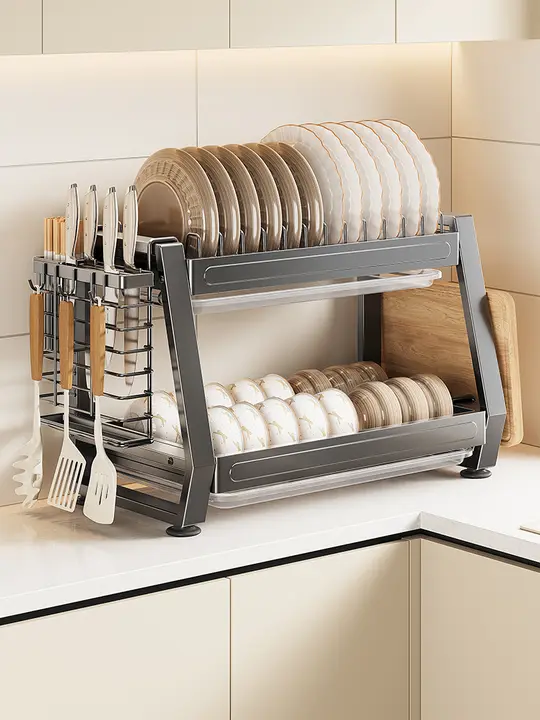キッチン用多機能水切りラック【皿・箸・スプーン収納可能・多層設計】（セットアップ対応）
