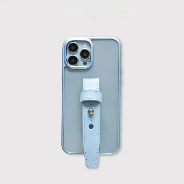 スマホケース クリア TPU ソフト 本革ストラップ 全包囲 シエラブルー パールブルー iPhone 14 Pro Max 13 対応
