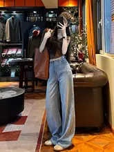 YIJIANG 天然素材使用のロングデニムパンツ【ライトカラー・ワイドレッグ・ハイウエスト・スリム効果】