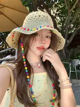 カラフルな編み込み帽子【夏用・ビーチリゾート・大きなつば・日焼け対策】