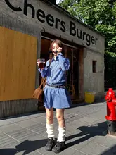 ブルーチェックシャツとミニスカートのコーディネート【小柄向け・韓国スタイル】（セットアップ対応）