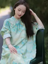 女性用フィット改良型チーパオ【中長丈・オリジナルデザイン・コットンリネン】（セットアップ対応）
