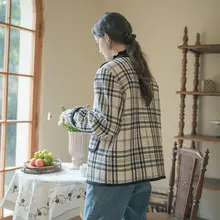 Marchnoon ブラックホワイトチェック柄 ダウンコート【90%白鹅绒・Vネック・ウール混・ダブルボタン】