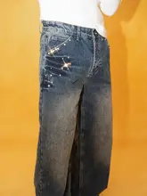 デニムパンツ メンズ ワイドストレート 生デニム ダークブルー ラインストーン ビーズ装飾 ドレープ ヴィンテージ加工 パンク カジュアル ストリート「CLP」