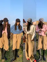 カーキ色 多ポケット ワークパンツ【高腰・スリム効果・厚手・ワイドレッグ】