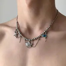 貝殻とヒトデのメタルタッセルネックレス【ビーズデザイン・セレブ感・個性的】