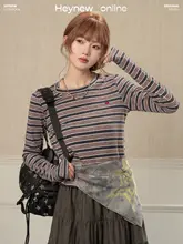 春用のカジュアルストライプ長袖Tシャツ【ゆったりフィット・レトロデザイン】