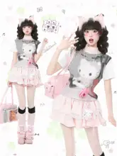 ドット柄リボンデザインの夏用ショートスリーブTシャツ【女性用・ストレートシルエット】