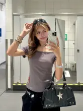 オフショルダー 半袖Tシャツ レディース クロス柄 発泡プリント ウエストマーク 着痩せ クロップドトップス 夏 アメカジ ヴィンテージ 「BeOurRule」