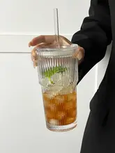 大容量カバー付きストロー付きガラスカップ【縦ストライプ・冷飲用・果汁・コーヒー】