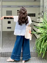 レース切替チェックベストとカジュアルTシャツ、薄手デニムワイドパンツ【夏用・フリルデザイン】（セットアップ対応）