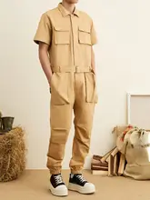 レトロデザインの工装風半袖オールインワン【メンズ・フィット・ジョガーパンツスタイル】（セットアップ対応）