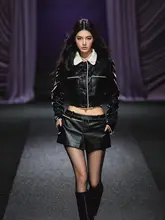 ツートンカラーのキルティングレザーコート【襟付き・Aラインスカート・セットアップ対応】