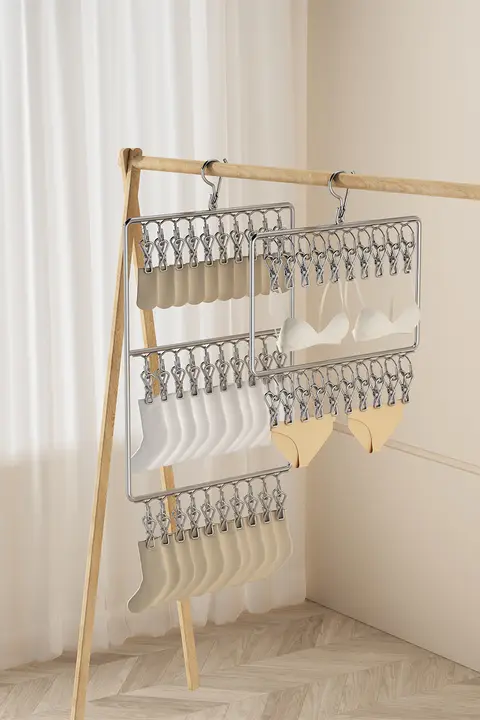 ステンレス製 靴下干しラック【多クリップ・室内用・バルコニー用】