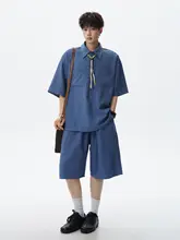 レトロデザインのブルー無地工装短袖シャツ【男女兼用・夏用】（セットアップ対応）