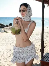 デザイン性のあるビキニ水着【ドット柄・ヘッドスカーフ付き・ビーチリゾート用】（セットアップ対応）