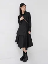 ポロ 不対称デザイン シャツワンピース【中長丈・高級感・ブラック】