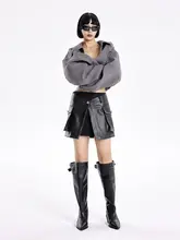 高腰半身スカート【美式デザイン・レザー・気品ある仕上がり】（セットアップ対応）
