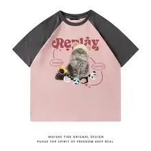 かわいい猫柄のカラーブロックラグラン袖半袖Tシャツ【ユニセックス・ルーズフィット】