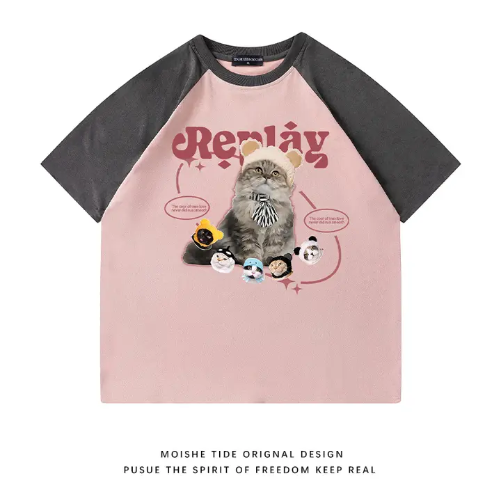 かわいい猫柄のカラーブロックラグラン袖半袖Tシャツ【ユニセックス・ルーズフィット】